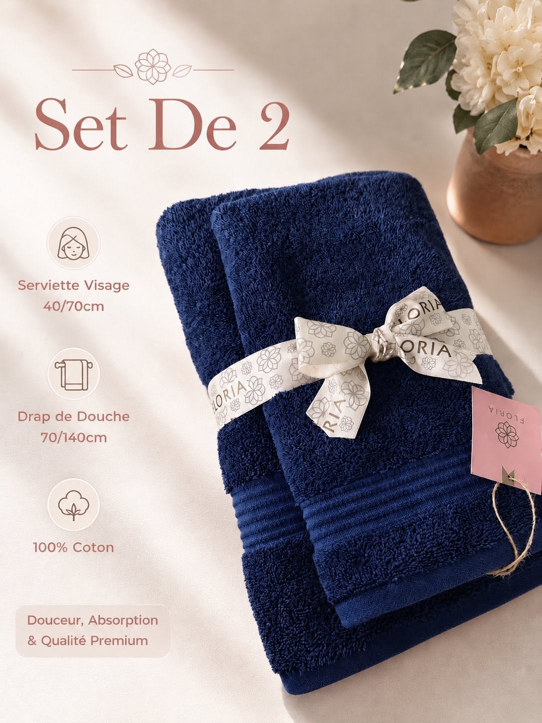 Set 2 - Serviette Visage 40/70CM + DRAP DE DOUCHE 70/140CM – Image 2